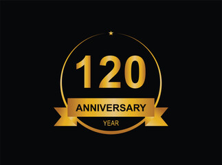 120th golden anniversary logo with ring and ribbon, laurel wreath vector design isolated on black background.
