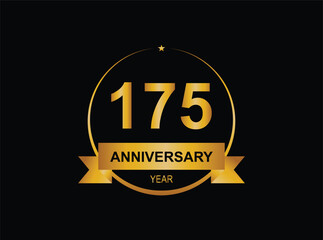 175th golden anniversary logo with ring and ribbon, laurel wreath vector design isolated on black background.