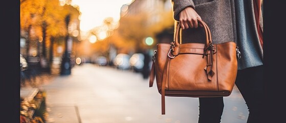 close-up woman's handbag hanging from her shoulder, her autumnal fashion ensemble softly defocused - Powered by Adobe