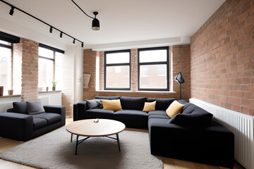 Fototapeta premium Comfortable sofa placed on rug near brick wall with lamps and black round tables in spacious room with windows in apartment designed in loft style