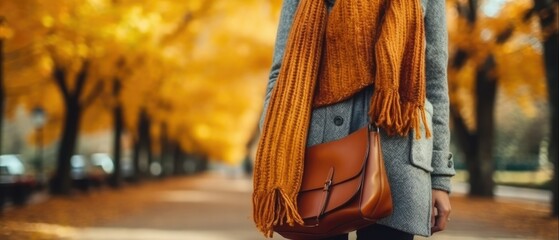close-up woman's handbag hanging from her shoulder, her autumnal fashion ensemble softly defocused