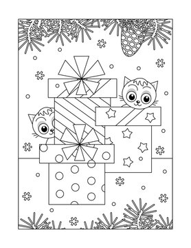 Winter holidays, New Year or Christmas joy coloring page with three gift  boxes and two kittens
