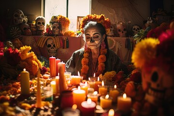 vibrant celebration of the Day of the Dead, families gather to honor and remember their departed loved ones. Elaborate altars,Generated with AI - obrazy, fototapety, plakaty
