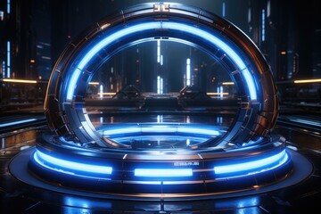 Abstract technology hud interface hologram elements neon lights, circle percent vitality innovation on hi tech future design. Generative AI