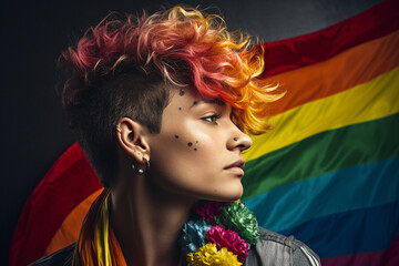Lifestyles concept. LGBT theme concept with beautiful woman model colorful portrait. Generative AI