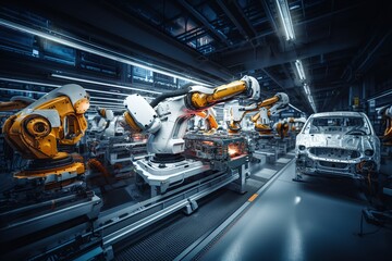 Fototapeta premium robot arms in the modern automotive industry. Generated with AI