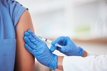Healthcare, vaccine and needle on arm of person in hospital for covid, flu or immunization closeup, Doctor, hands and zoom on patient at a clinic for medical, consultation and vaccination injection - obrazy, fototapety, plakaty