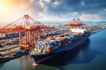 Naklejka premium world of shipping transports. Depict a bustling port with cargo ships of various sizes and types, loading and unloading goods by cranes.Generated with AI