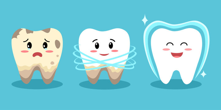 Cute dirty teeth becoming white and healthy cartoon character. Dental care.
