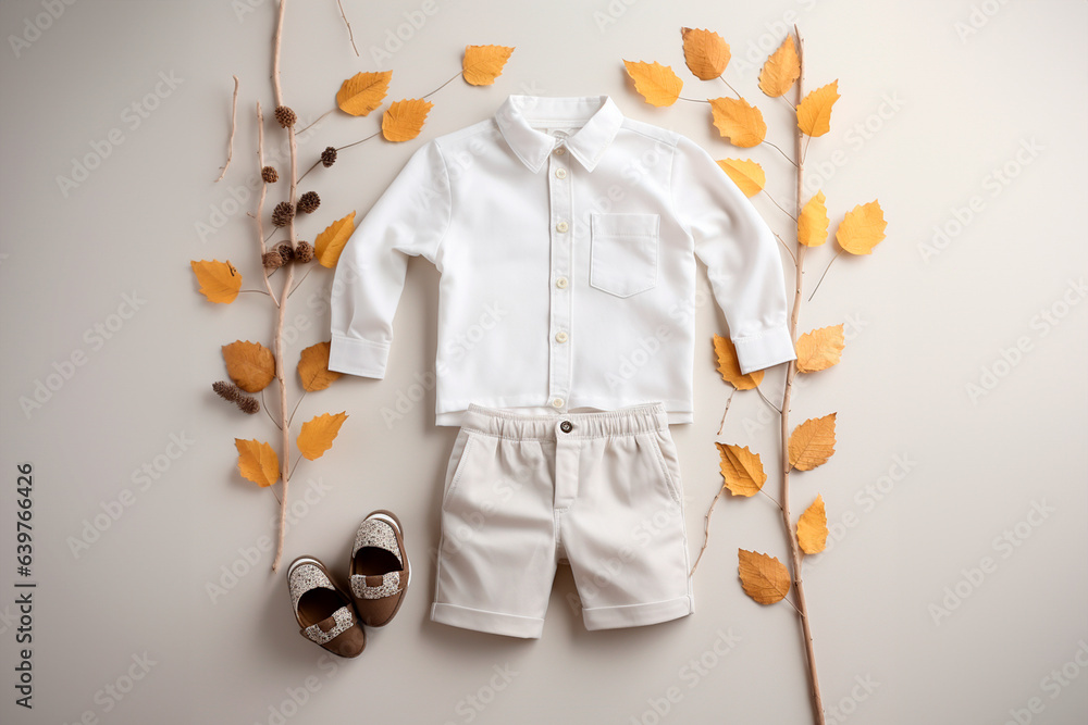 Wall mural Blank white baby shirt and jeans mockup on neutral background with striking autumn leaves elements