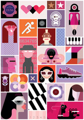 Pop art poster vector design include many different images of people, decorative elements, etc.