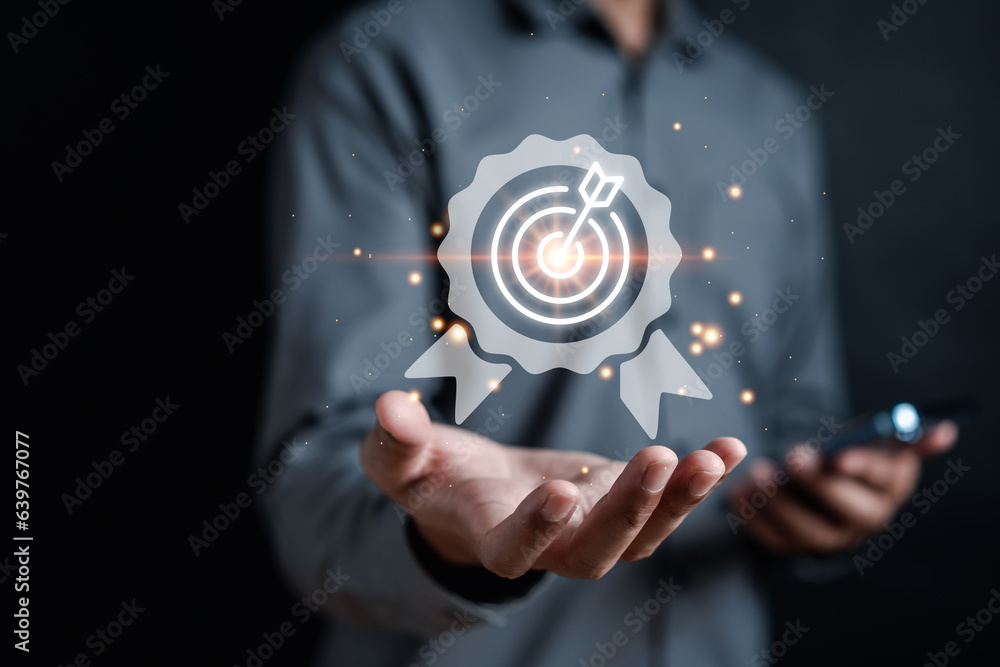 Aufkleber Quality Certificate and Checklist analyst target objective marketing planning assignment with quality management. Standardization, certification. Compliance to regulations service and standards.