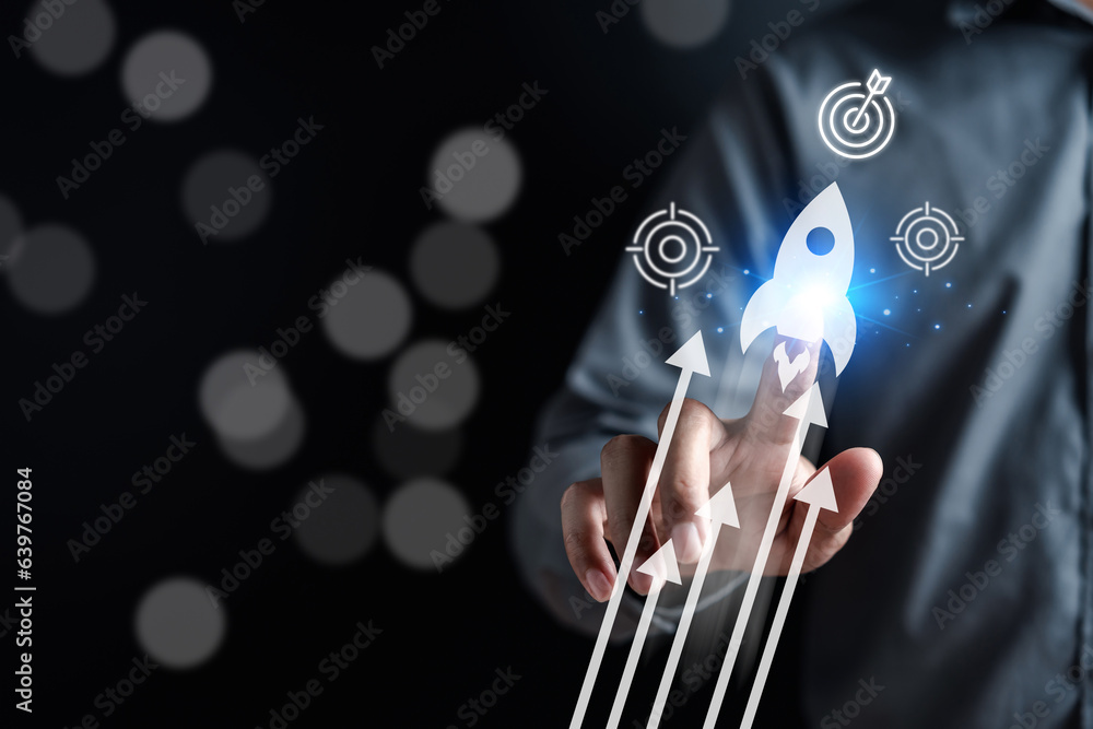 Aufkleber rocket launch investments, strategically planning and initiating a corporate startup. aim to achieve