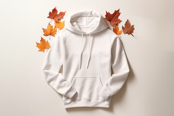 Blank pullover hoodie mockup on neutral background with striking autumn leaves elements