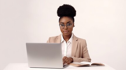 African entrepreneur works on her laptop isolated on white background