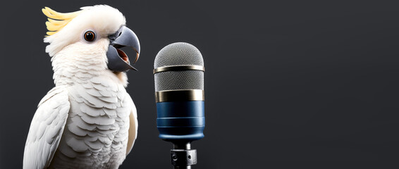 parrot talking on podcast microphone © iDoPixBox