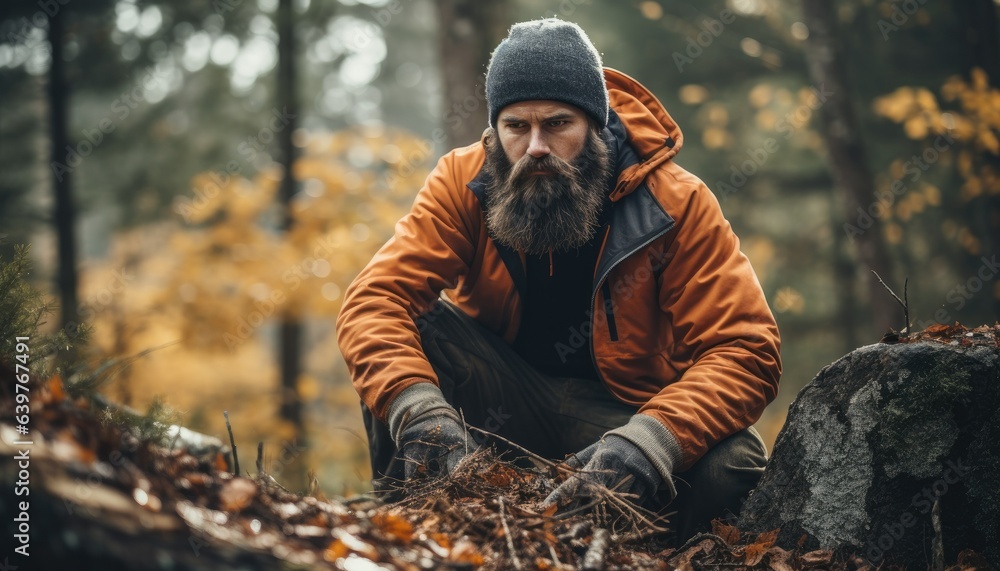 Wall mural a beard man is cutting wood in the autumn forest with a chainsaw