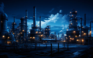 Fototapeta na wymiar A chemical plant or an oil refinery in the night, with lights, pipes and installations