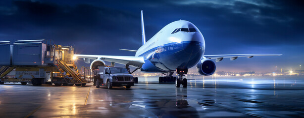 Large passenger aircraft being loaded in the night at airport
