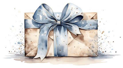 present gift box with uncoated paper with blue ribbon isolated on white background, watercolor illustration