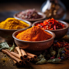 Fototapeta premium spices in a bowl, spices and herbs on wooden table, Stockphoto of spices