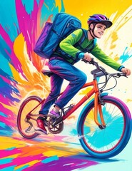 Vibrant Digital Art: Energetic Young Man Cycling with Colorful Energy