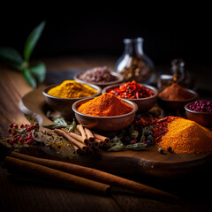 spices and herbs on wooden table, Stockphoto of spices