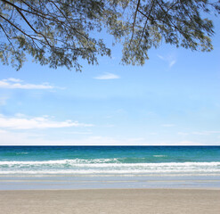 Nature landscape view of beautiful tropical beach and sea in sunny day. Beach sea space area for summer design