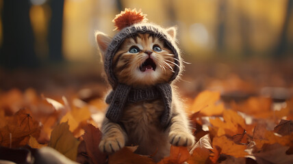 a cute little kitten is wearing a hat, posing in an autumn park among fallen yellow leaves, the background of the autumn calendar is a joke
