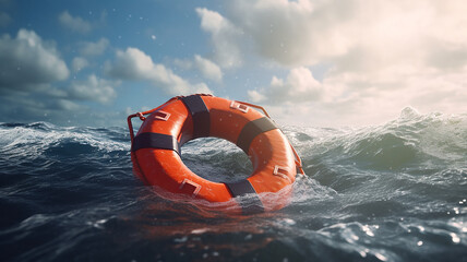 a lifebuoy floats on the surface of a stormy sea, the concept is the last hope for saving a life - obrazy, fototapety, plakaty