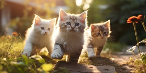 Naklejka na ściany i meble illustration of kittens in the yard, generative AI