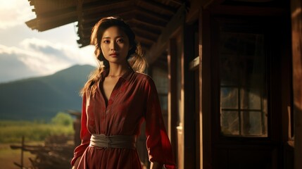 Fototapeta premium Beautiful Portrait of a Fictional Traditional Chinese Woman in Rural China. Generative AI.