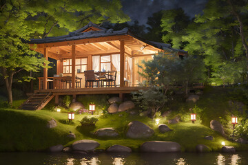 Obraz premium Riverside cottage. Generative AI.