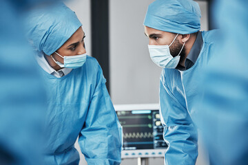 Doctors, hospital team and surgery for emergency, safety and expert service. Man, woman and...