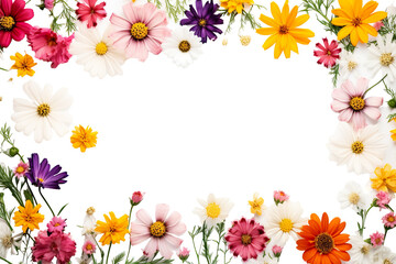 Obraz premium Beautiful summer garden flowers. Cosmos, aster, coreopsis, zinnia, and daisy flower frame border isolated on a white background. Creative layout