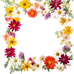 Beautiful summer garden flowers. Cosmos, aster, coreopsis, zinnia, and daisy flower frame border isolated on a white background. Creative layout