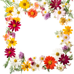 Obraz premium Beautiful summer garden flowers. Cosmos, aster, coreopsis, zinnia, and daisy flower frame border isolated on a white background. Creative layout