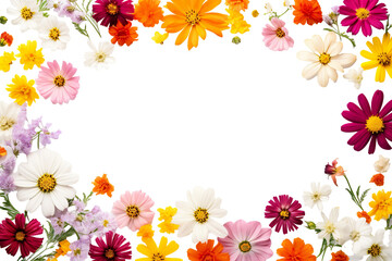 Naklejka na ściany i meble Beautiful summer garden flowers. Cosmos, aster, coreopsis, zinnia, and daisy flower frame border isolated on a white background. Creative layout