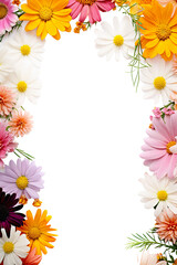 Beautiful summer garden flowers. Cosmos, aster, coreopsis, zinnia, and daisy flower frame border isolated on a white background. Creative layout