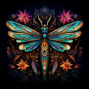 A mystical dragonfly totem, with iridescent wings and intricate patterns