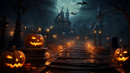 Illustration, AI generation. Halloween background with Jack's pumpkin head and dark castle at night.