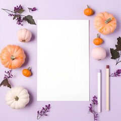 Illustration, AI generation. Light Halloween background with an empty sheet of paper and pumpkins, top view. Flat lay.