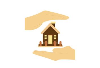 a home care icon in a clean and modern flat style. It features a hand holding a simple house symbol, symbolizing the concept of providing care and attention to homes. The illustration is set against 