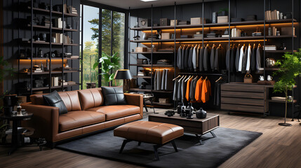 Modern minimalist men walk in wardrobe with clothes hanging on rods, shelves and drawers. Dressing room with space for storing and organizing accessories. Interior design of luxury walk in closet