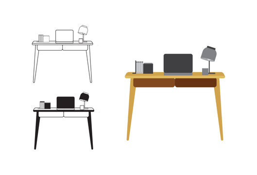 An illustration of a business office desk depicted in line art style, with variations available in both filled vector and colorful vector formats.