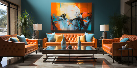  Orange and blue tufted sofas near stucco wall. Art deco interior design of modern living room