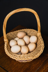 close up of rattan cane basket filled with eggs