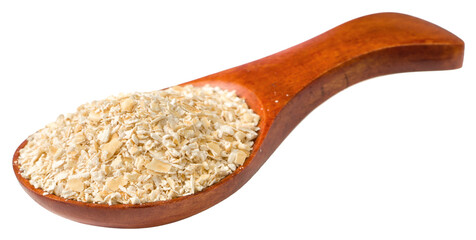 Raw oat bran in the wooden spoon, isolated on white background.