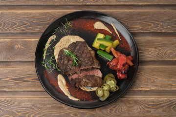 Grilled meat steak on a plate, restaurant menu