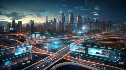 Fototapeta na wymiar Autonomous Vehicle Infrastructure: Smart Urban Mobility & IoT Data Technology - Drone-Aerial Perspective